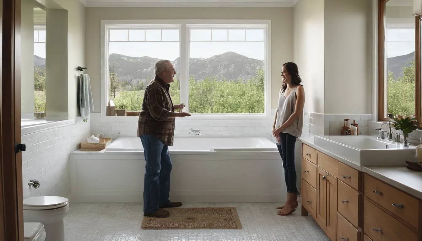 A smiling homeowner standing beside a walk-in tub in a bright bathroom in Bremerton